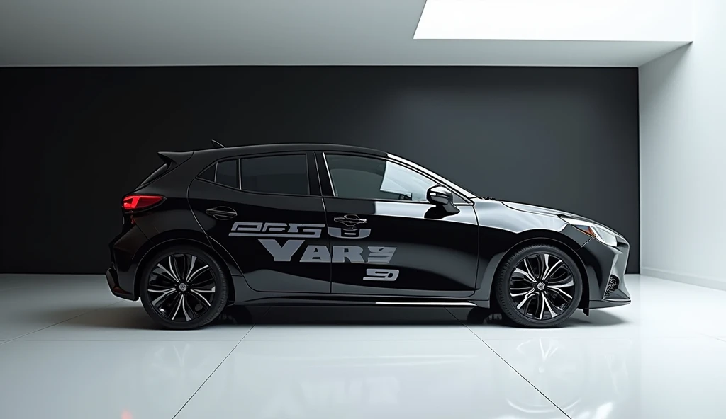 A stunning, futuristic (2025 Toyota Yaris) takes center stage in a luxury white showroom. The vibrant (black) exterior gleams, drawing attention to its sleek, aerodynamic design and bold accents. The (.2025 Toyota Yaris) " is prominently displayed in large, metallic letters on the car, set against a dark wall. The ( side ) view showcases the cutting-edge innovation and technology of its time, inviting potential buyers to experience the future of automotive design and performance. This awe-inspiring image promises an unparalleled driving experience.