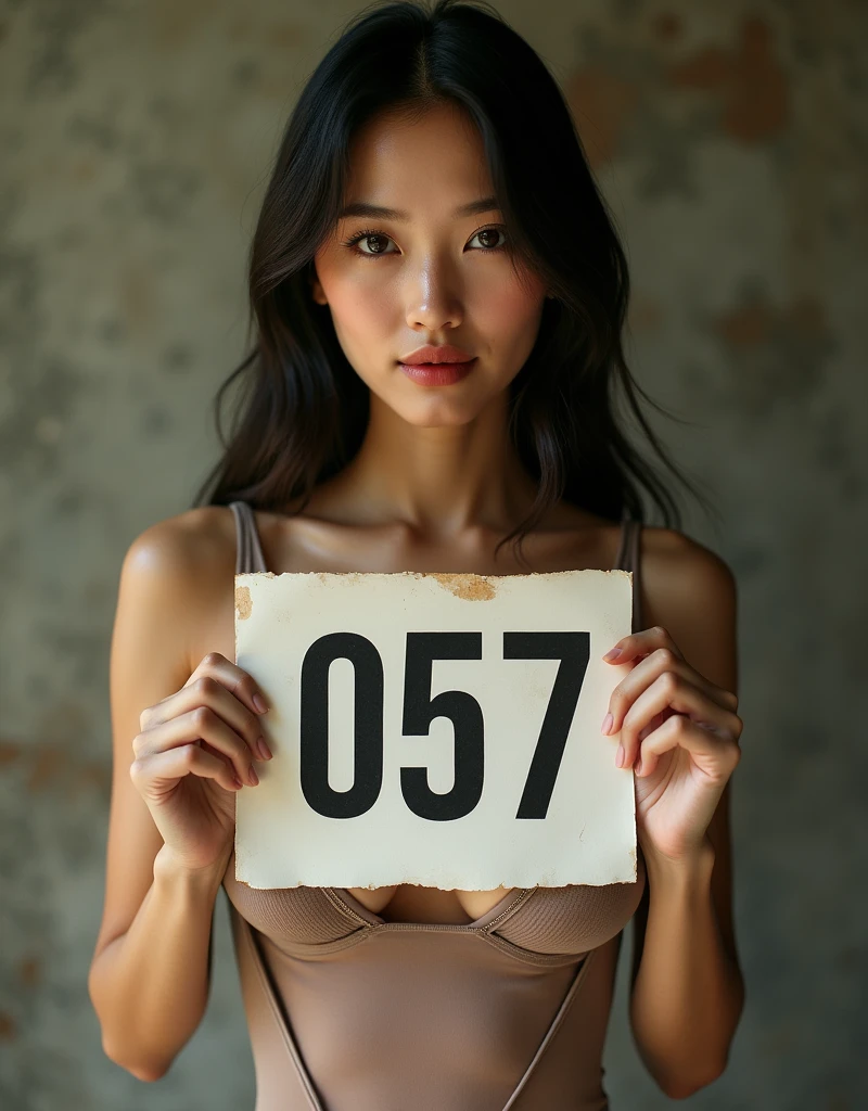 photography, an asian woman, Smooth, straight hair, girl, Ultra-detailed skin details, Flirty look, Natural medium breasts, Sweaty body stockings, Holding a sign, The sign has "057" It says , Realistic images