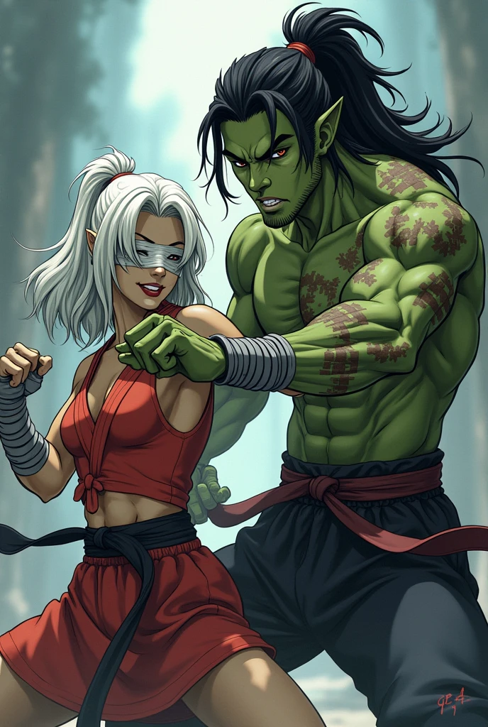 A young half-orc woman, light grayish green skin, thin and short, medium white hair, with clothing similar to that of a martial artist, with some bandages on his hands, and beside him a tall, handsome young half-orc man with very dark green skin, with curly hair (necessarily curly), her eyes covered by her hair, that only leaves the mouth and teeth showing, with martial artist clothes and scars all over his body. Both in a cool position. Both done in anime style