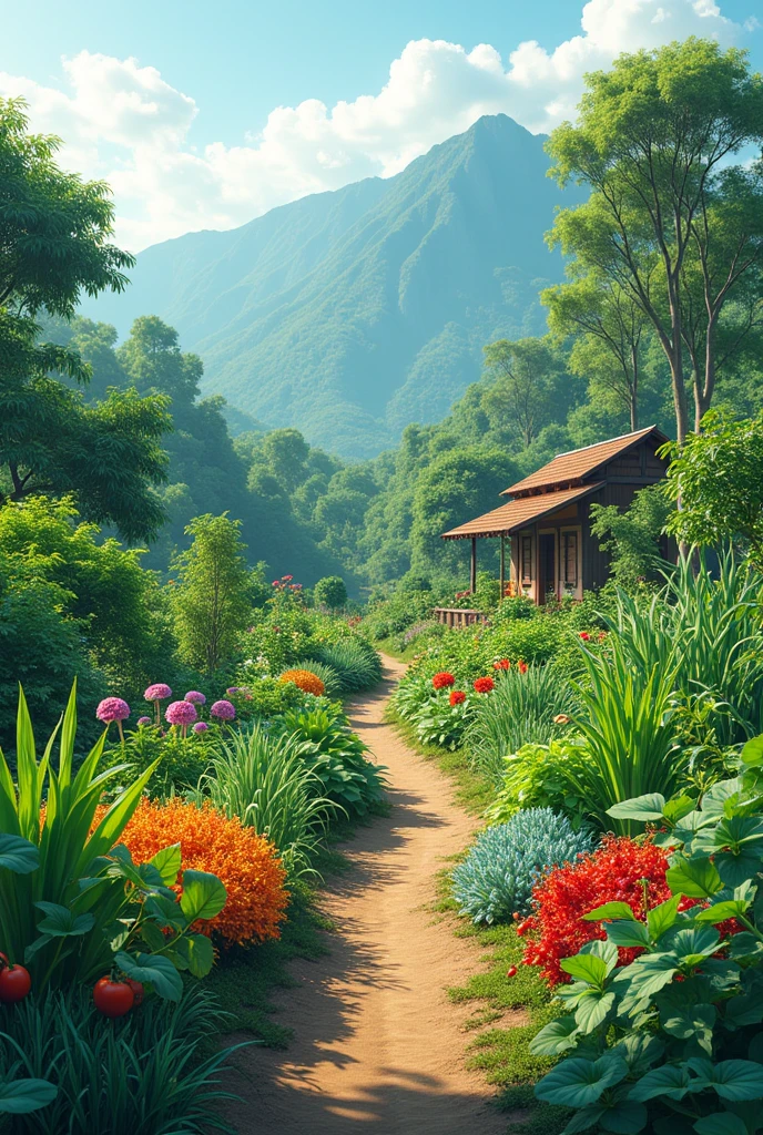 Vegetable garden for making baked shrimp with glass noodles, coriander, pepper plants, garlic, ginger, sugarcane plants, soybeans, green beans, sesame, sticky rice plants, wheat plants, onions, celery, chili plants, lime plants. The back is a mountain view. There is a small house.