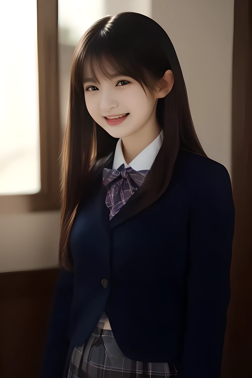 (highest quality, masterpiece, high resolution:1.2), 4K, (Photo quality well detailed white white white face: 1.2), geometry, ( yo cute girly Japanese sensitive weak girl with very detailed graceful cute smiling face is turning to me and looking at me: 1.5), Laughing cutely, (Japanese school girly navy-colored blazer uniform: 1.4), (blue dark blue blue expensive pleated checkered school skirt inside the blazer: 1.6), (big sharp breast: 1.3), (Dark red glossy school ribbon on the breast: 1.0), (Extremely laughing cheeks: 1.0), (Beautiful pretty large laughing cute cute cute chh childisghing cutely laughing eyes with detailed and balanced well: 1.4), (Double eyelids: 1.0), (Long bottom eyelashes: 1.2), (Glossy very wet lips: 1.0), (Super-straight hair, extremely very long hair which reaches her waist: 1.3), (In a girly room with pink wallpapers with cute heart marks: 1.0)