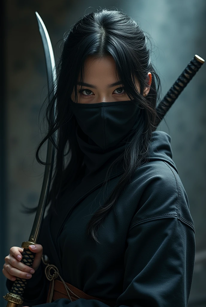 Japanese female assassin wearing a cloth mask and holding a katana beheading her enemy