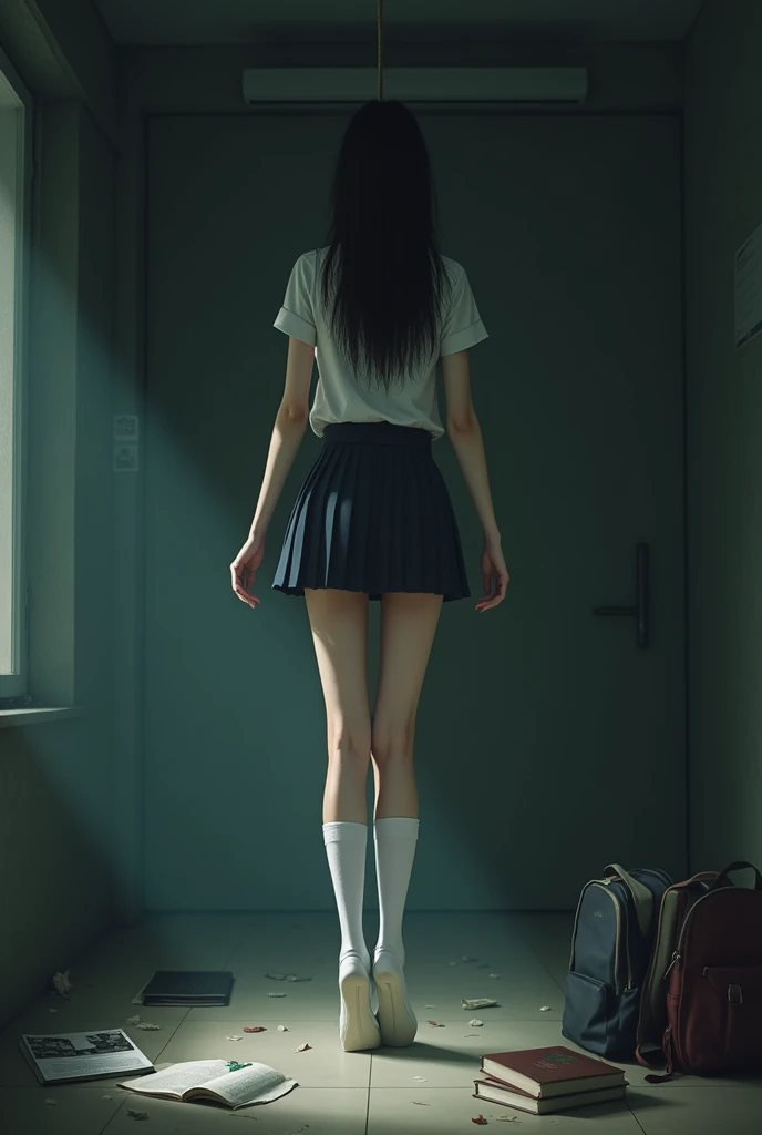 A female student wearing a short skirt and white knee-high socks hanged herself. 