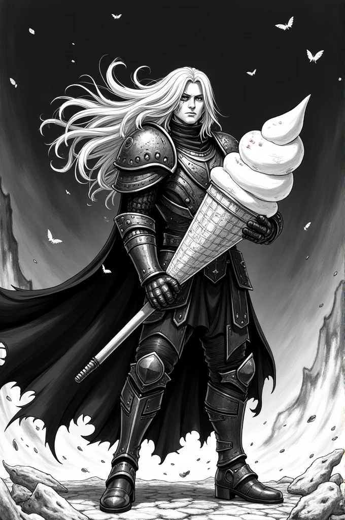 "A man in Guts' armor from Berserk stands confidently, using a large ice cream as a weapon to battle a demon. He has a scar over one eye and his hair is styled like Griffith's, with long, flowing locks. The ice cream, detailed with realistic texture, is striking the demon in a dramatic manner. The art style should be black and white manga, mimicking the detailed linework, dramatic shading, and dark, intense atmosphere typical of Berserk."