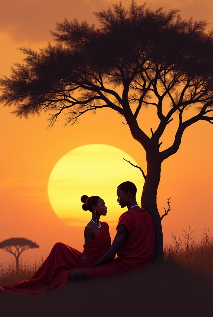 Amina (femme) et Diallo (homme )assis sous un arbre, partageant un moment de tendresse en regardant le coucher du soleil. (Massaï)