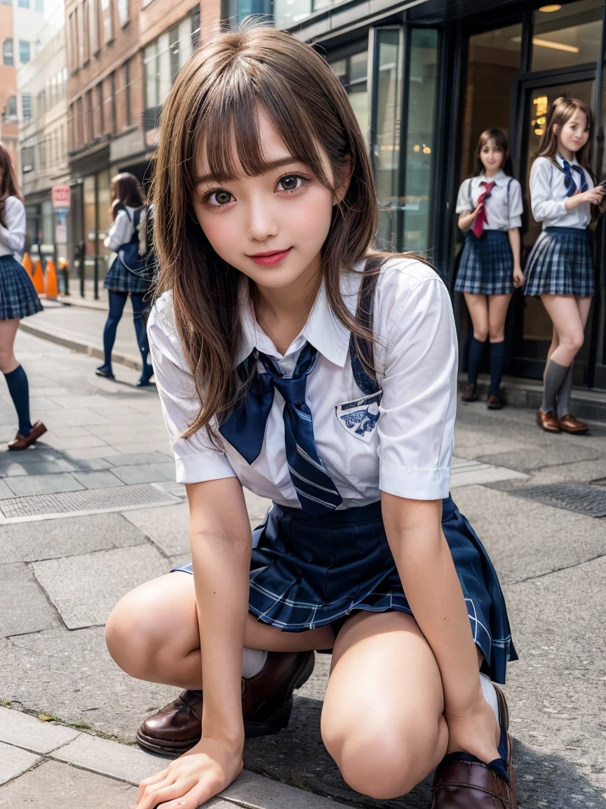 Browsing Caution, ((masterpiece)), ((Highest quality)), (Very detailedな), ((cute)), cute, (Multi-point), ((sexy)), (device), ((Very detailed)), 4K, (8k), Highest quality, (beautiful), hyper cute face, shape, Anime Style,hyper Genuineistic, Genuine, ((Navy or grey knee-high socks and brown loafers))、 ((From face to feet)), close, Thick outline, Clear contours, (One Girl, 3 cute girls:1.5), (Schoolgirl Uniform :1.5), City Sidewalk、Squat down on one knee、beautiful light brown hair, beautiful brown eyes, ((beautiful eyes)),, (Under the skirt:1.5), short hair, Big Breasts, smile