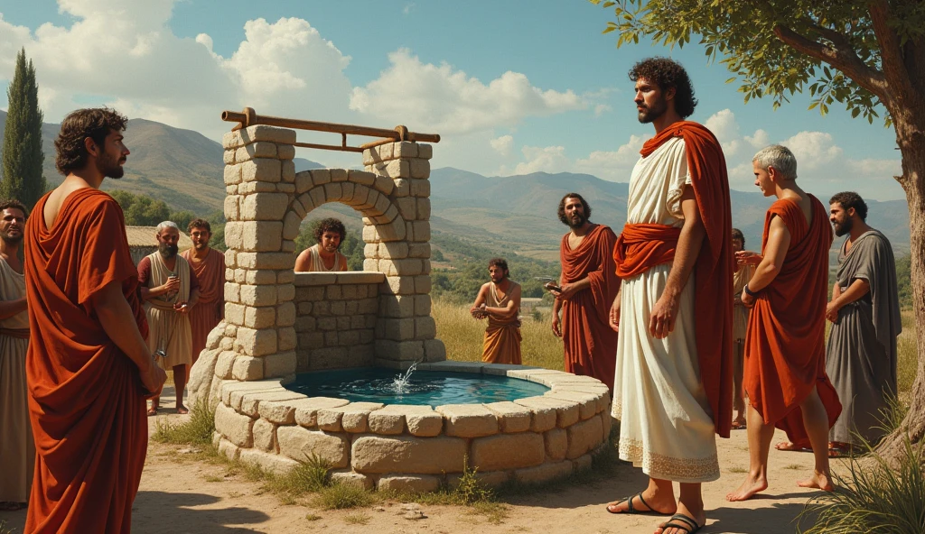Fools people taking water on the well with spoon Roman man looking them