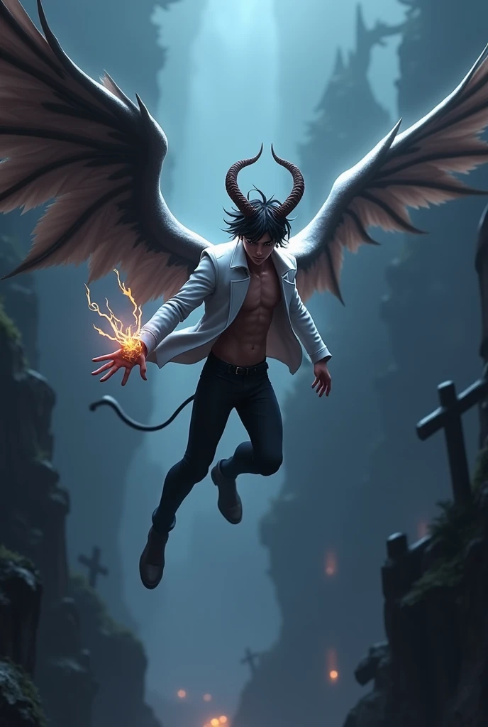 In animation A 28 years boy who has long wings and horns flying in tha air,a black aura release from his right hand and his body glowing,he wearing a white coat and black pant and the background have a dungeon.he is flying at least 20 miter from the land ,in wide angle