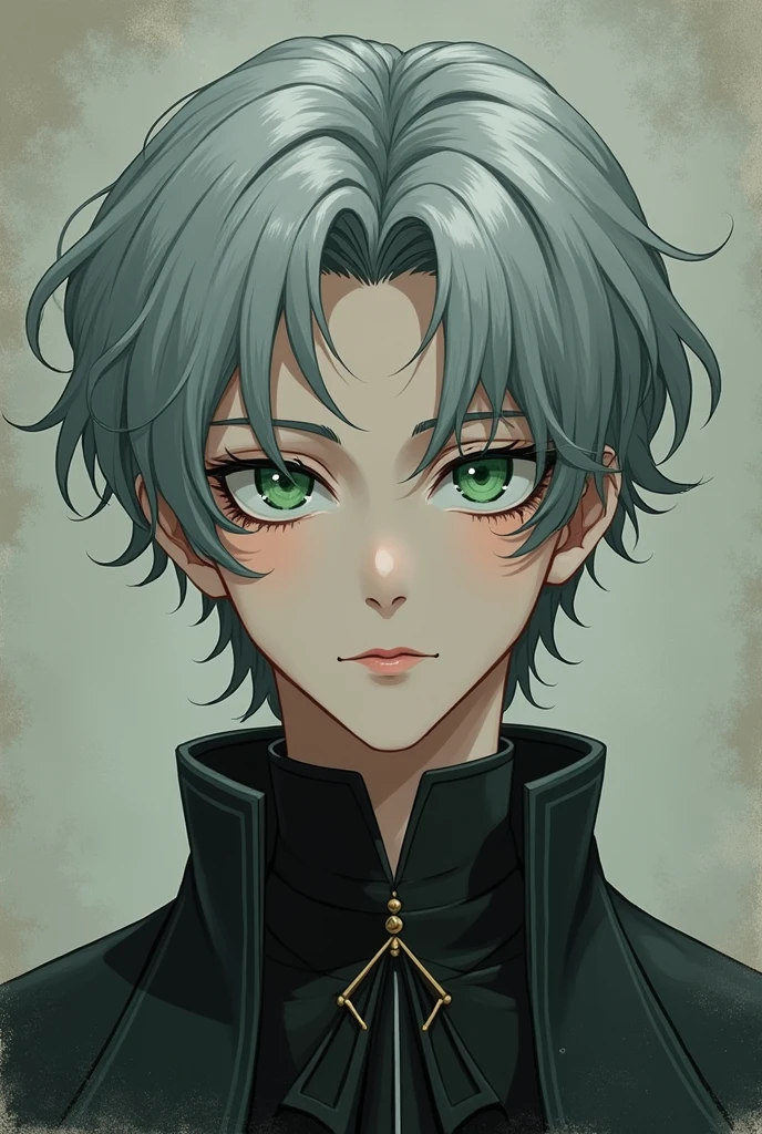 Anime, very handsome, feel sad, prince, pretty emerald green eyes, grey hair