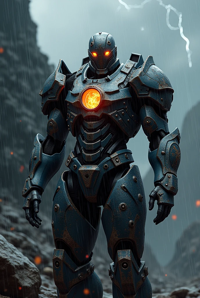 The fire symbol included historical war suit on black rock with heavy rain and thunder weather condition