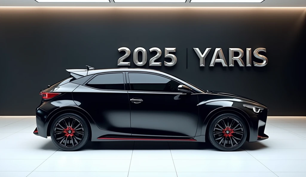 A stunning, futuristic (2025 Toyota Yaris) takes center stage in a luxury white showroom. The vibrant (black) exterior gleams, drawing attention to its sleek, aerodynamic design and bold accents. The (.2025 Toyota Yaris) " is prominently displayed in large, metallic letters on the car, set against a dark wall. The ( side ) view showcases the cutting-edge innovation and technology of its time, inviting potential buyers to experience the future of automotive design and performance. This awe-inspiring image promises an unparalleled driving experience.