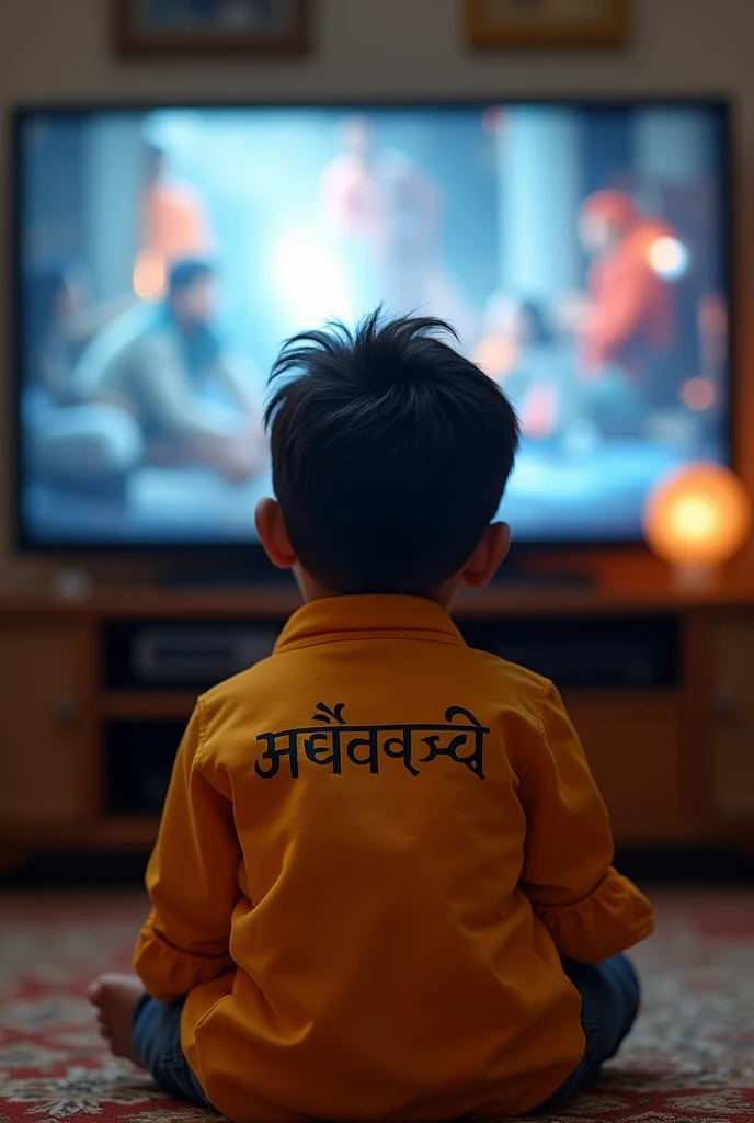 A boy watching TV, whose shirt has Radhe Radhe written on the back in Hindi and the shirt should be of turmeric colour and should look fresh and the boy should be sitting on the side at a little distance from the TV and the TV should be bigger than the height of the boy