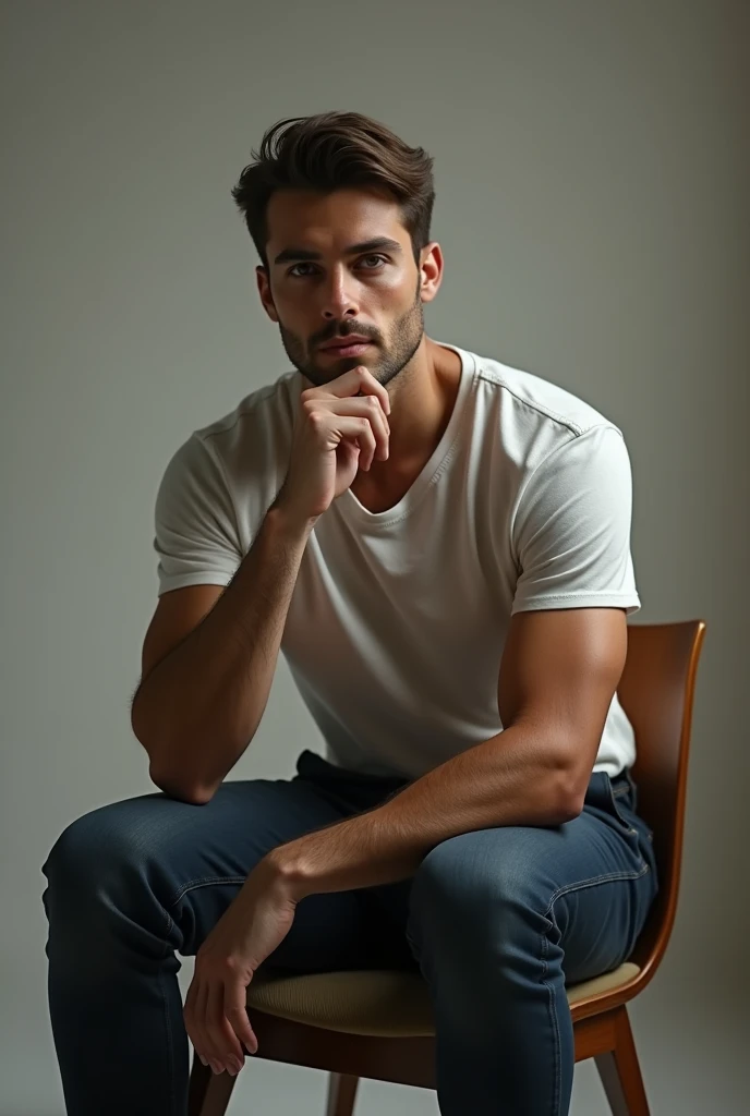 A man who sitting on a chair and tolking front of camera with a plain full body
