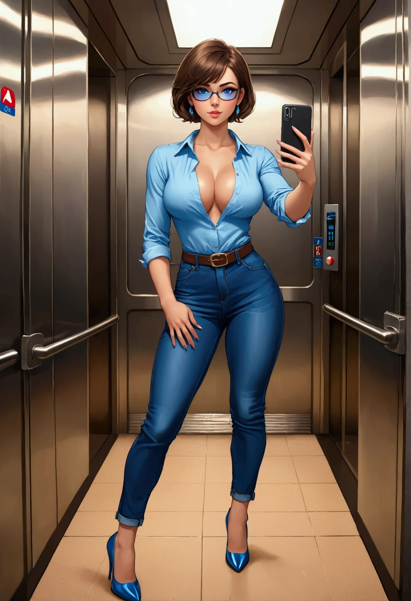 20 years old woman, Short brown hair, Méditerranéenne aux blue eye, Generous and heavy breasts, slender waist, estomac defini, fesses rebondies et pulpeuses, naturally curved, muscular thighs, aguicheuse, in the elevator, in jeans and blouse, neckleace, earrings, plunging neckline, blue eye, heels , lunettes bleues , Selfie, fingers