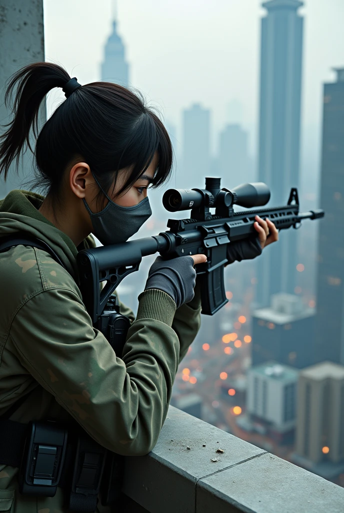 Japanese female sniper wearing a cloth mask stands on the roof of a high-rise building Headshot the enemy