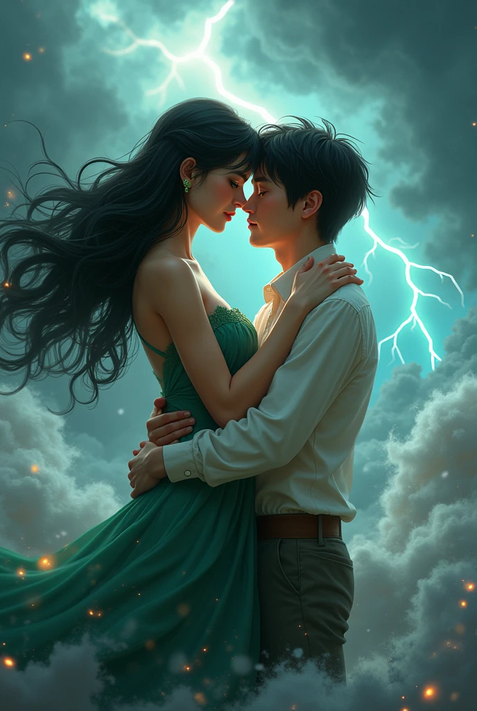 a young girl and a young boy, in their twenties, from fantasy world, she has jet black hair and green eyes, they are in love, they are from kingdom of air, the yar in storm