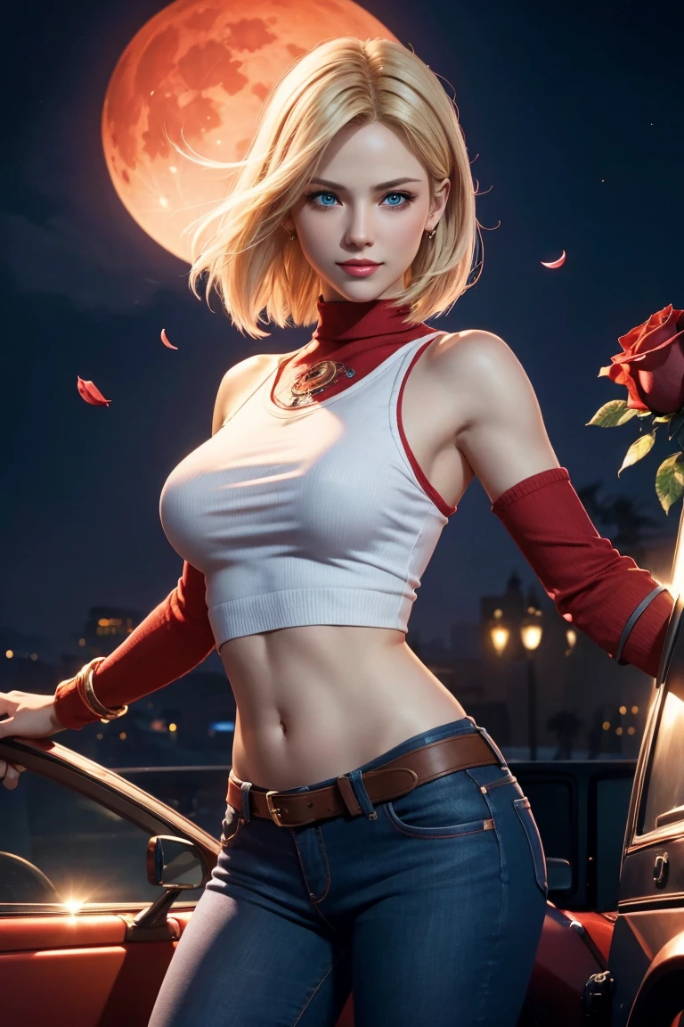 KOF,King of Fighters,Blue Mary,Blue Eyes,Blonde Hair,Medium Hair,Beautiful white skin,Photorealistic,Ultra HD,high quality,masterpiece,Digital SLR,Detailed details,Intricate details,Anatomical basis,Depicted in detail,A detailed face,Realistic skin texture,Vivid details,Perfect Anatomy,Perfect Anatomy,Anatomically correct hand,Anatomically correct fingers,Super Detail,Complex 3D rendering,Sexy pose,Red knitted tops,No sleeve,jeans,Fantasy worldview,Beautiful red sea,Beautiful Red Moon,Beautiful night sky,Petals of roses dance,Picturesque,Pink Lips,smile,