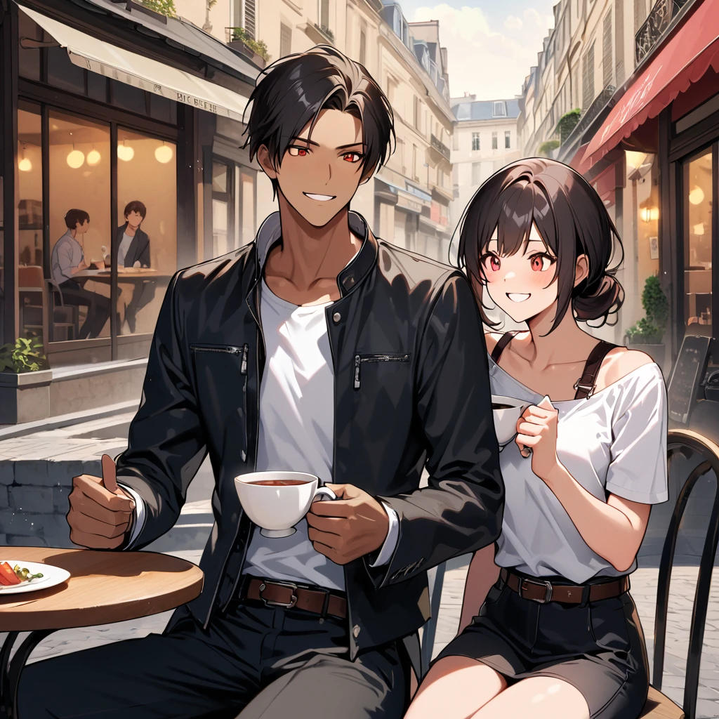 Orochikyo, two people, dark skin, red eyes, black jacket, fingerless gloves, black hair, white t-shirt, ((white bowl)), black pants, white shoes, brown belt, handsome, shot, charming, masterpiece, high resolution, detailed face, fine grain, confident smile, Promenade des Anglais, Paris background Man and woman laughing, man and woman same hairstyle and clothes, peace sign.rainy sky, With lover, , Dining on terrace with lover, Drinking coffee, Men and women minding the rain,