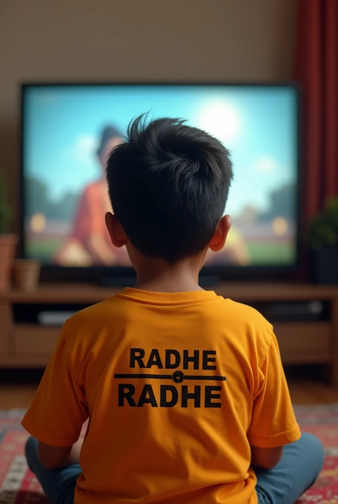 A boy watching TV, whose shirt has Radhe Radhe written on the back in Hindi and the shirt should be of turmeric colour and should look fresh and the boy should be sitting on the side at a little distance from the TV and the TV should be at the height of the boy