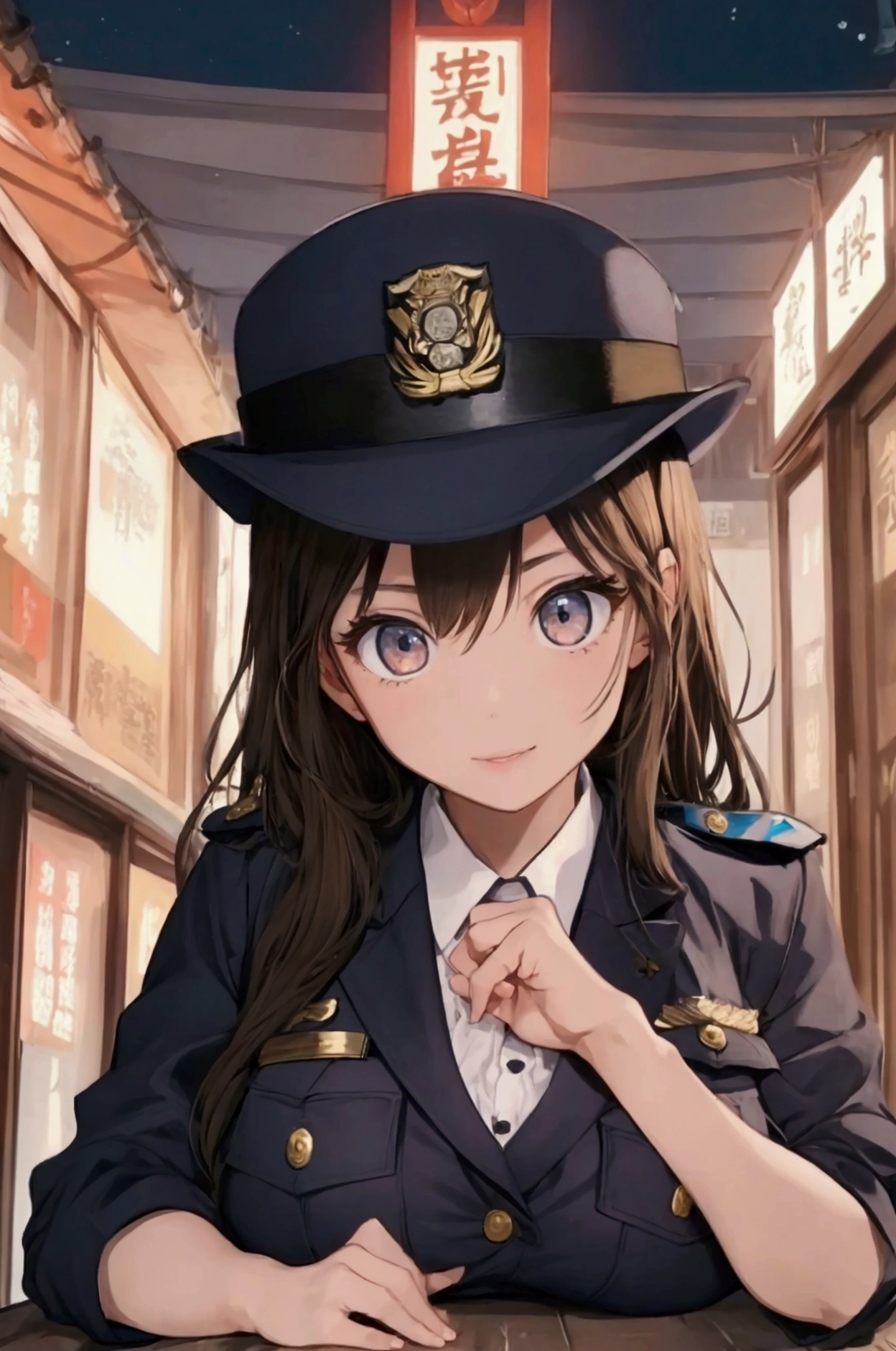 (ultra highres、ultra quality、Masterpiece、8k、),A girl with light  hair drawn in high resolution policewoman.japannse police woman、Young and cute 、Asian woman,s hot, Japanese Model, Cute Core,  , Chubby 、(big breast)、Town、Fluffy white blouse