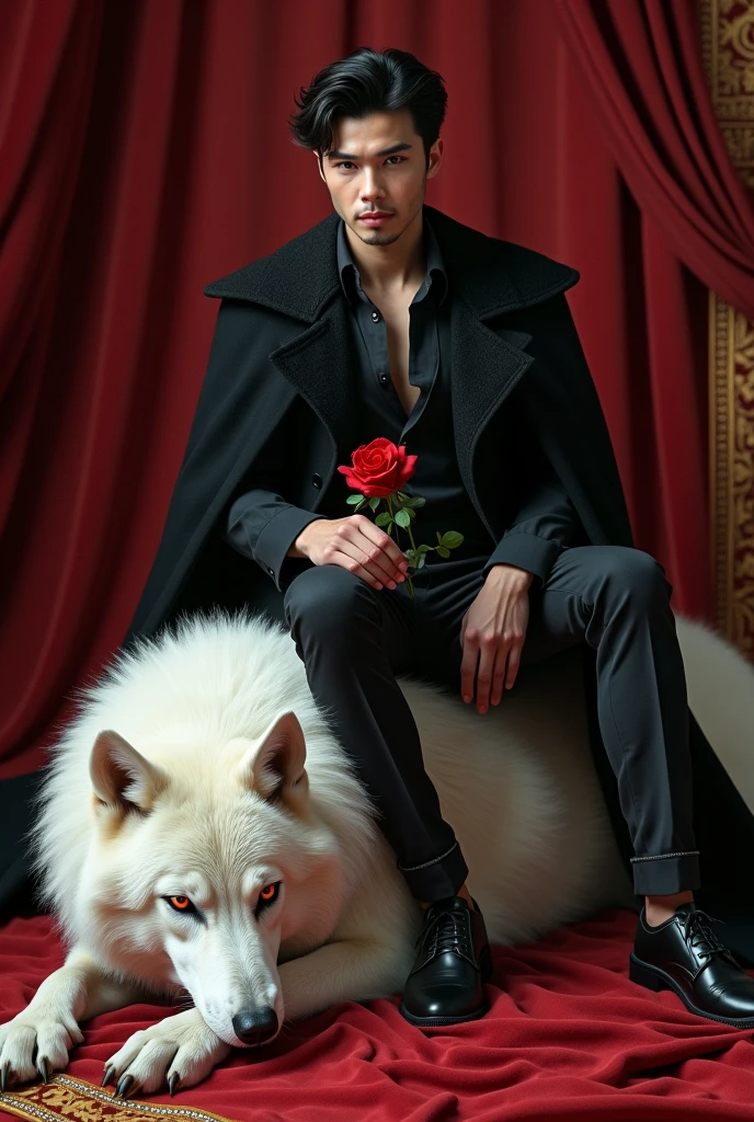 A young man, around 1, with a tall and slender build, well-toned muscles, and a perfectly proportioned body. He has a beautifully shaped, slender face with soft, light pink lips that are delicately curved. His nose is well-defined and sharp, and his piercing red eyes, with double eyelids, exude a cold and intimidating aura. His complexion is fair and smooth, and his thick, jet-black hair is casually tucked behind his ears.
He is dressed in a long, pitch-black cloak adorned with lace that gives him a refined and elegant appearance. His demeanor and posture suggest that he is of noble birth.
In his hand, he holds a vibrant red rose that contrasts strikingly with his attire. He sits atop an enormous white wolf with fluffy fur, which is peacefully sleeping on a luxurious thick red carpet trimmed with gold, adding to the overall grandeur of the scene.