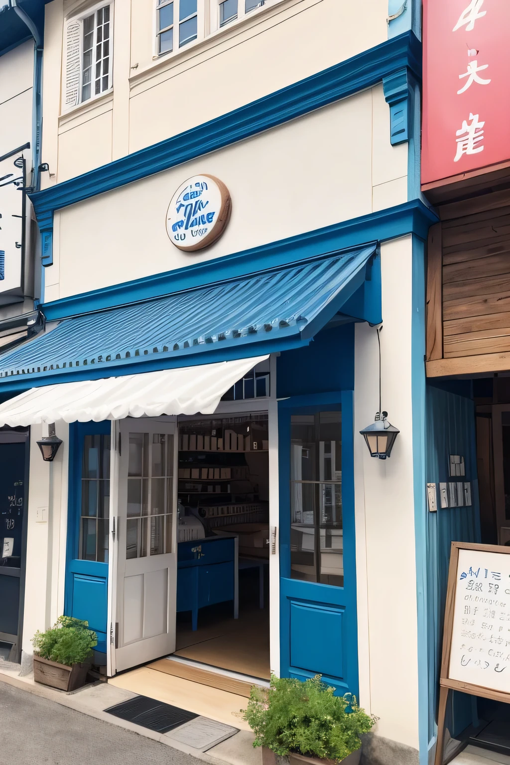 Exterior design of a milk specialty store based on blue, white and black。 A cute, pop-style French country-style shop for women。 Fresh milk for sale、Soft serve ice cream and milk pudding、A store that also sells milk donuts。 Located in Jiyugaoka, Japan。 It&#39;s a small restaurant with about 10 seats for eating in.。