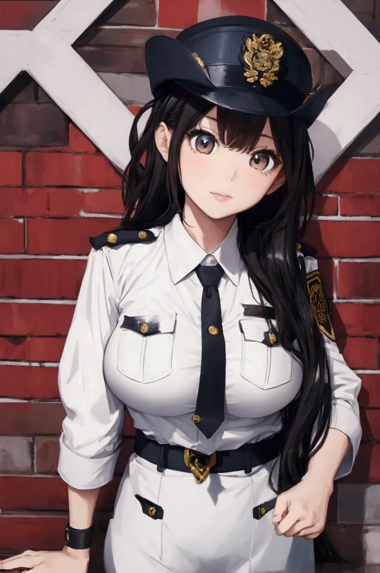 (ultra highres、ultra quality、Masterpiece、8k、),A girl with light  hair drawn in high resolution policewoman.japannse police woman、Young and cute 、Asian woman,s hot, Japanese Model, Cute Core,  , Chubby 、(big breast)、Town、Fluffy white blouse