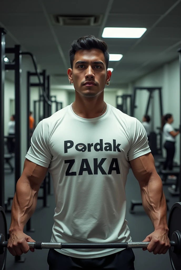 WHITE, lifting weights, in a T-shirt with the inscription Perdak Zaka, in gym