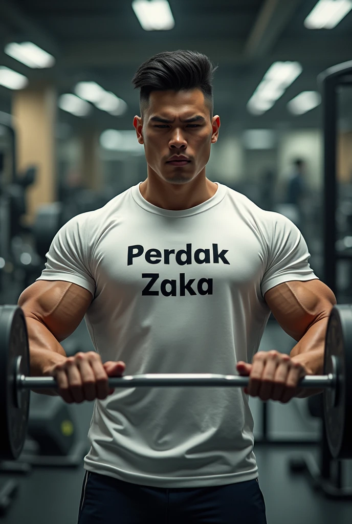WHITE, lifting weights, in a T-shirt with the inscription Perdak Zaka, in gym