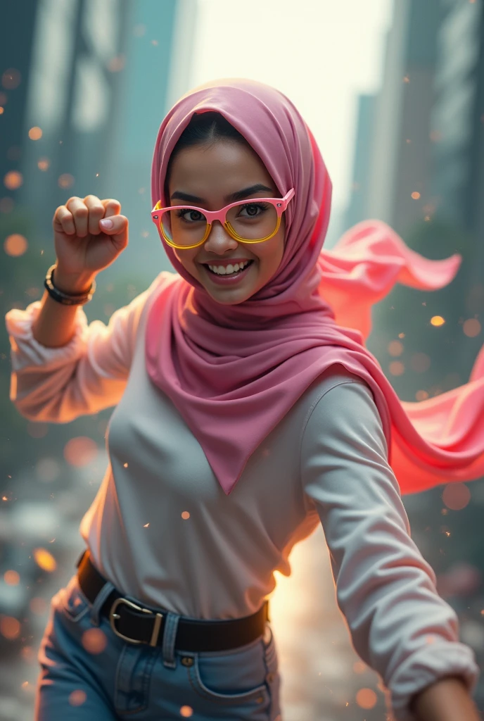 Malaysia women a realistic masterpiece. Human .wear pink watch.. 1girl wearing a hijab. detailed beautiful face, Hijab Muslim. Wear long sleeve moder design mixed sew pink white loose size. Small detail ,cargo suit. Pink cargo pant.. . anger face, minimalist flower on shirt. . anger face. Open mouth. Wear pink white. Wear small Safety Pink yellow glasses google spectacle top on head. . Age 20 year old. Flying position. Fast fly. Panning effect Photography . Flying have a super strong power.. punch . Fight pose. Bokeh background. fist front.. At the city. Bad waether. , detailed lips, long eyelashes. Hero, modest expression, delicate facial features, natural skin tones, , detailed folds and textures of hijab, natural lighting, high quality, photorealistic, 8k, best quality. Malaysia girl. Floating balloon. ). . . Braces teeth. Boleh background. Panning effect. Fast flying.