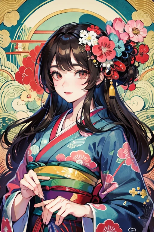 A beautiful woman in a kimono shows her white teeth、Vividly colored Japanese Ukiyo-e style illustrations、SeaArt creates stunning illustrations of beautiful women in kimono、Brown-black long hair、Full Body Style、Beautiful digital illustrations,、Beautiful digital painting, Anime CG art, Detailed digital anime art, Beautiful anime portraits