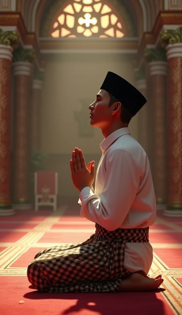 Indonesian man, wear white shirt, black peci, and checkered sarong, sit on his knee, praying in the mosque, look at the viewer, cinematic 3d animation, full body,
