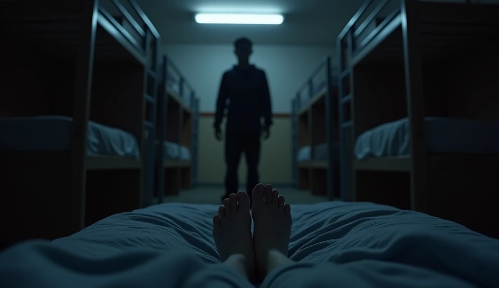 First person view, a dark shadow figure stands at the end of a bed, a blanket is covering a pair of the viewer's feet. It is midnight and the dorm room is dimly lit. 