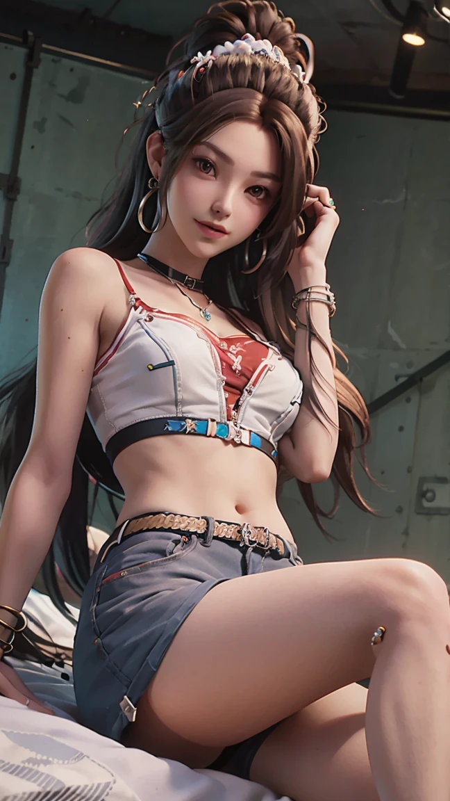 masterpiece, best quality, 1 Girl, , Solitary, Long hair:1.2, Hair accessories, shorts,Jewelry, Alternative clothing, bracelet, ear rings, Charming smile,Cross your legs, Lying in bed, indoors, From below,camisole
