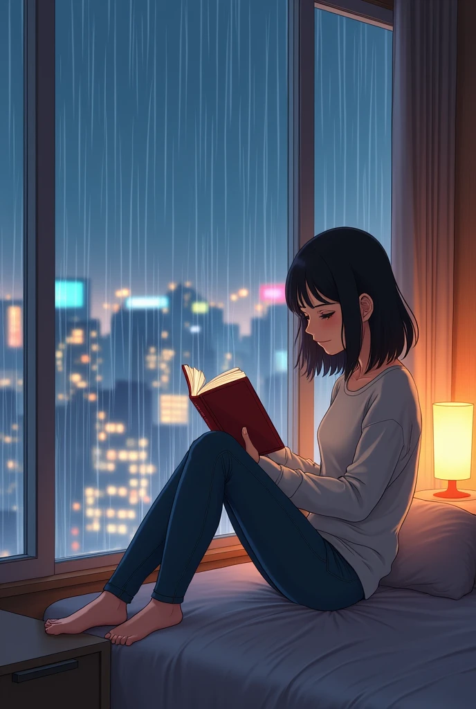 "Create an anime-style illustration of a young girl sitting by a window, reading a book while it rains outside. The scene should be set in a cozy Tokyo apartment. The girl should be depicted with a relaxed and focused expression, dressed in casual, comfortable clothing. The window should feature raindrops cascading down, with a blurred view of Tokyo’s skyline in the background, including iconic high-rise buildings and city lights. Use a soft, warm color palette to evoke a serene and peaceful mood, highlighting the contrast between the cozy indoor setting and the rainy urban landscape outside."