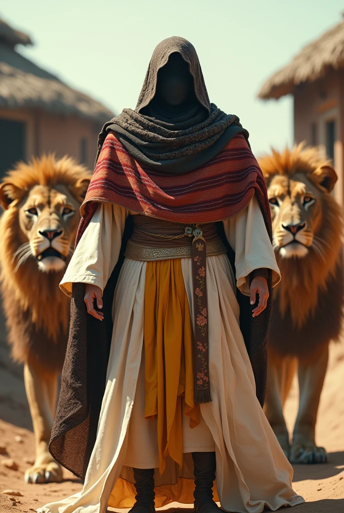 wearing: white woolen cloak, red striped shawls of Qatari origin wrapped around his shoulders, headgear of fine cloth, wearing a yellow loincloth, covering his shoulders with a flowery black shawl, face not seen bacause of sunlight, taming muscular lions, farm background, warrior posture