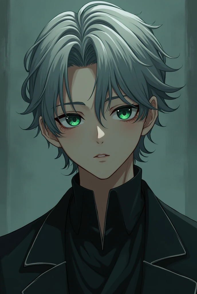 Anime, very handsome, hot, feel sad, prince, emerald green eyes, grey hair