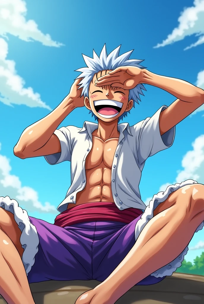 Create an anime-style scene featuring a Luffy gear 5 from one-piece in a dynamic pose with white, wild hair, wearing a torn white outfit, white shorts with a purple sash. The character should have a joyful and exaggerated expression, with their mouth wide open in laughter, while sitting in a laid-back position with their legs spread out. The character's right hand should be shielding their eyes as if looking into the distance. Include a bright sky with some clouds in the background