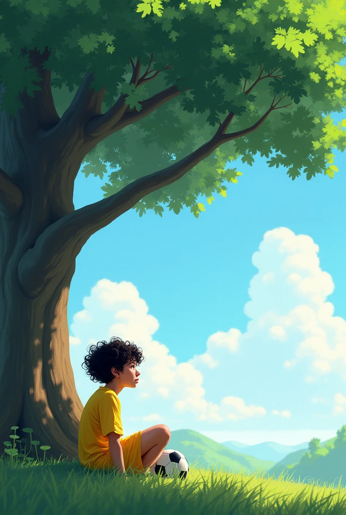 with curly dark hair and black eyes, wearing a yellow soccer t-shirt and shorts, holding a soccer ball in her hand, is sitting near a big tree, dreaming and looking at the sky.