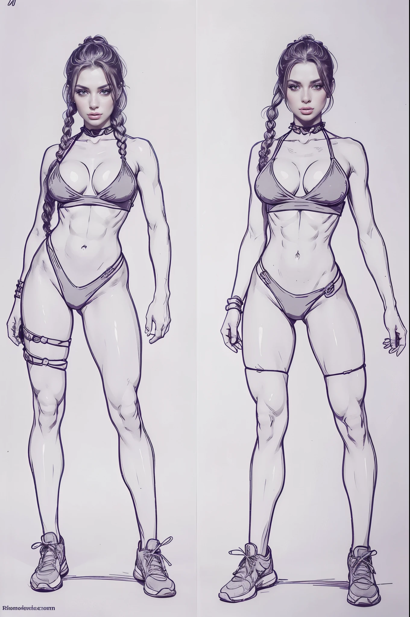fullbody Character Design Sheet , a gorgeous woman with seductive eyes and pouty lips, braided pigtails , character reference sheet, character turn around,show women, 3, sexy fitness body
