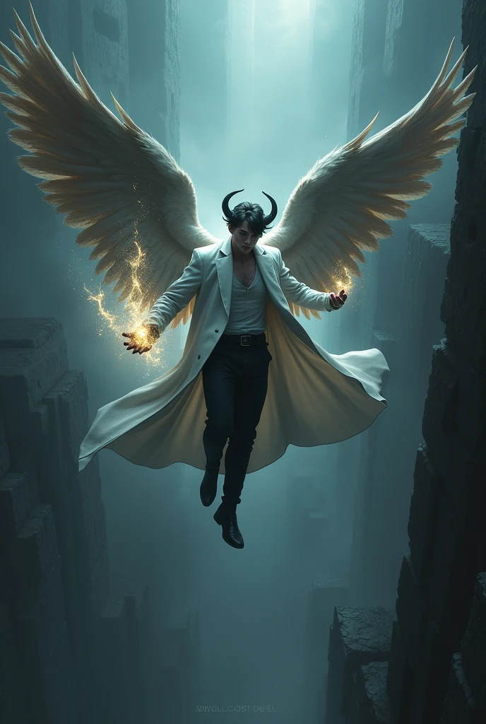 In animation A 28 years boy who has long wings and horns flying in tha air,a black aura release from his right hand and his body glowing,he wearing a white coat and black pant and the background have a dungeon.he is flying at least 20 miter from the land ,in wide angle a least 20 meter