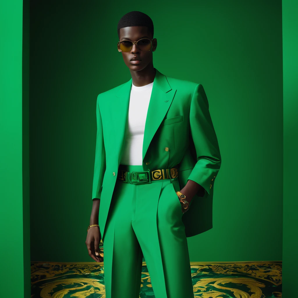 a model wear ovzrsize suit of green color,inside white t-shirt, posing for a picture, Edit pictures, high resolution, Edit photos, Official Versace Editor,wear ovzrsize suit,Balenciaga concept fashion photo ,