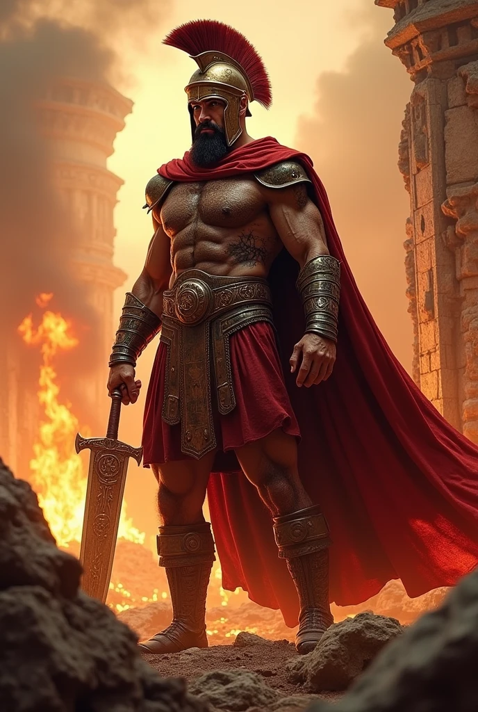 
Here is a sentence to create an image of a Spartan king:

"Standing tall amidst the blazing ruins of a conquered city, the mighty Spartan king, Leonidas, rises like a colossus, his rugged, battle-hardened face set ablaze with fierce determination, his piercing gaze burning brighter than the surrounding inferno, as he grasps his legendary sword, its blade etched with the symbols of his unyielding lineage, his muscular physique clad in battered, bronze armor, adorned with the crimson cloak of his royal lineage, exuding an aura of unyielding power, courage, and unwavering leadership."

