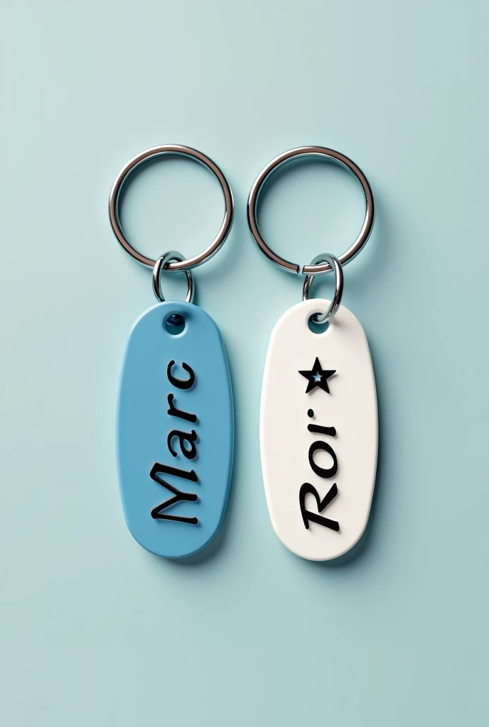 2 oval keychain, the color of keychains is the one is blue and the other one is white then it's like an oval small board with each oval keychain there is name black color: MARC then after the name there's one star only and the one is ROI and same with star after it. It's a keychain then there's a name into it