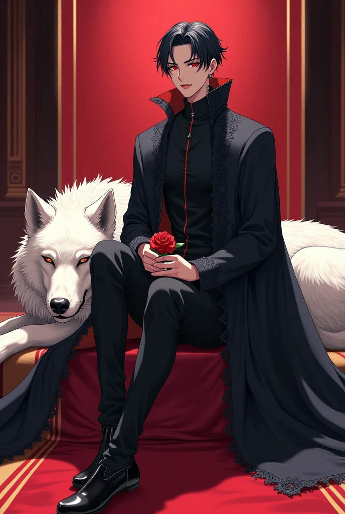 A young man, around 1, with a tall and slender build, well-toned muscles, and a perfectly proportioned body. He has a beautifully shaped, slender face with soft, light pink lips that are delicately curved. His nose is well-defined and sharp, and his piercing red eyes, with double eyelids, exude a cold and intimidating aura. His complexion is fair and smooth, and his thick, jet-black hair is casually tucked behind his ears.
He is dressed in a long, pitch-black cloak adorned with lace that gives him a refined and elegant appearance. His demeanor and posture suggest that he is of noble birth.
In his hand, he holds a vibrant red rose that contrasts strikingly with his attire. He sits atop an enormous white wolf with fluffy fur, which is peacefully sleeping on a luxurious thick red carpet trimmed with gold, adding to the overall grandeur of the scene. Anime style
