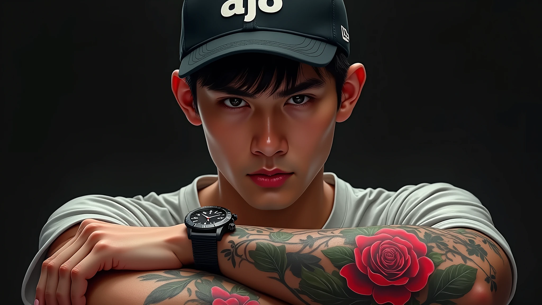 there is a asia man with a Rose tattoo on his arm and a watch, photo style of shawn paul tan, Roses tattoo style, tattooed man, inspired by Rudy Siswanto, dark but detailed digital art, realism artstyle, hyper realistic style, hyperrealism, detailed style, photorealistic, high quality portrait, realism art style, digital painting highly detailed. his cap writing AJO As logo
