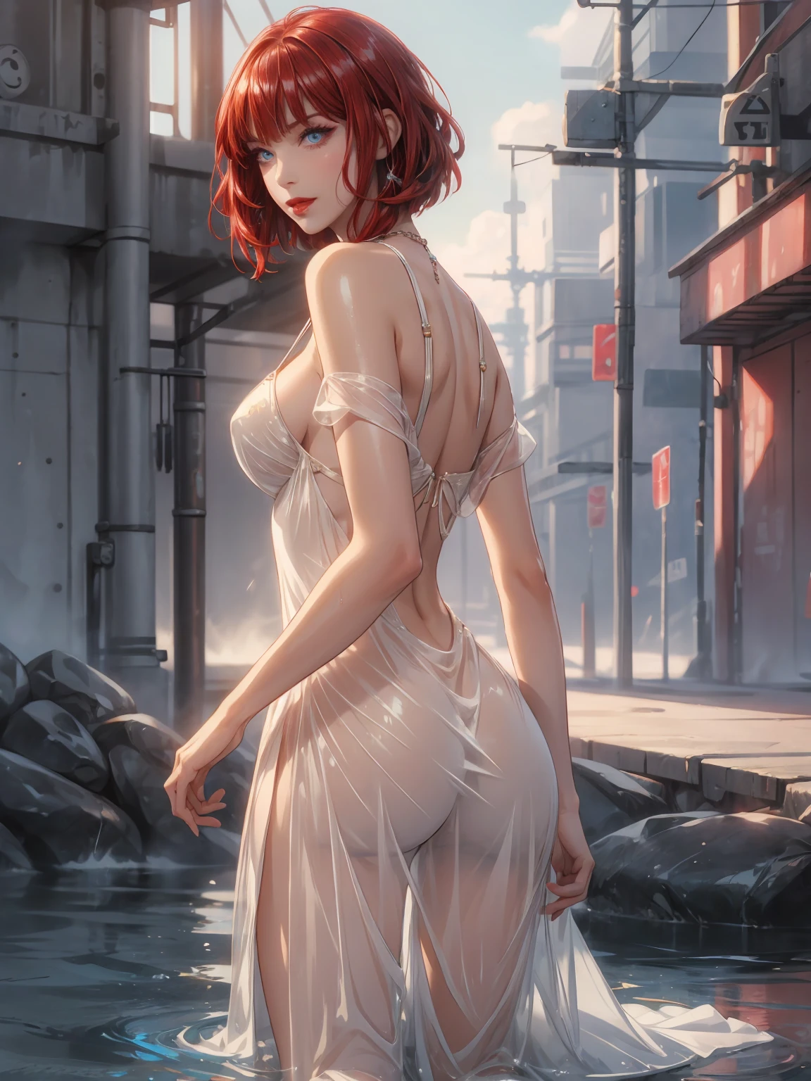 1girl,a beautiful fashion model ,(masterpiece, detailed background, best quality),short and shiny hair, red hair, hair with highlights, bangs, smirk,juicy lips,red lips, calmart, lingerie, stripping, elegant makeup, blue eyes, full body shot, (shiny skin), cyberpunk, sci fi, boa, extravagant jewelry, cocky expression, covered in jewelry, fancy, see through white dress, shiny skin, wet skin. from behind, over shoulder