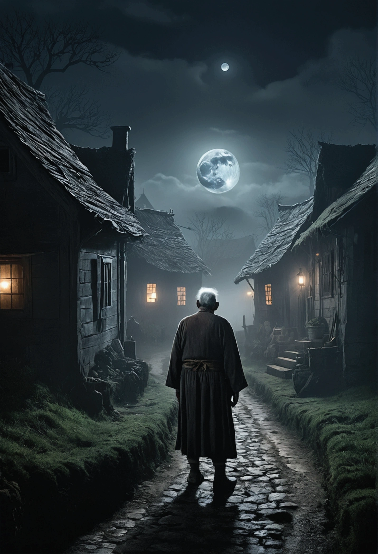 "A dark, eerie village with dense fog and a full moon shining. An old villager with a scared expression is whispering the words: