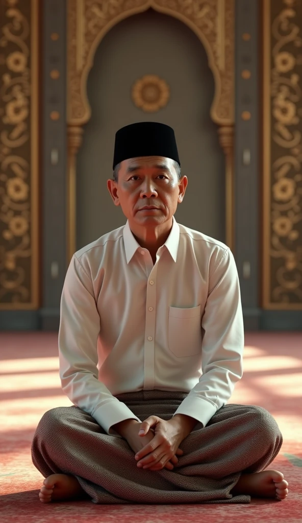 Indonesian man, wear white shirt, black peci, and checkered sarong, sit on his knee, in the mosque, look at the viewer, cinematic 3d animation, full body,