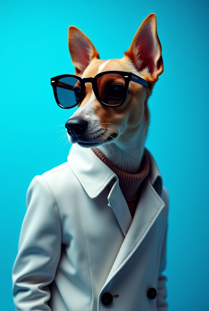 The best cell phone wallpaper, Award-Winning Wallpaper, portrait photography, In the front view is a portrait of a cute dog wearing mid-1960s space age fashion, Side view photo, Shot with Canon EOS R5, Set a strong contrast that accentuates the subject, Fluorescent blue tone, Wearing a very modern coat and sunglasses is a modern 1960s style, Clothes all in one color, beautiful background